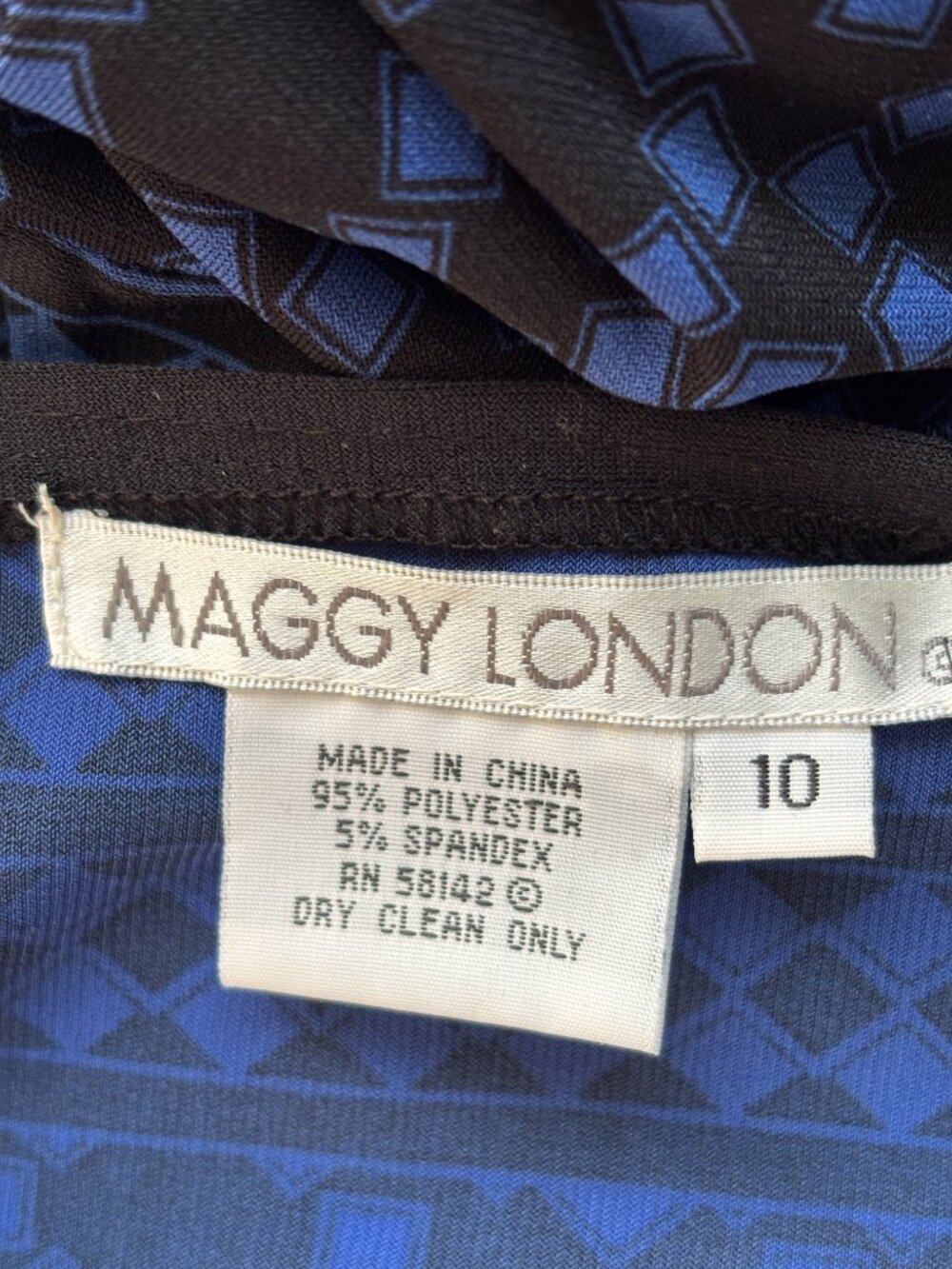 Maggy London Blue & Black Geometric Faux-Wrap Dress — Size 10 Like New - Picture 4 of 4
